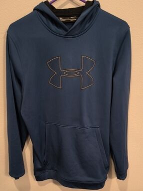 Under Armour Men’s Blue Hooded Pullover with Center Logo Heat Gear Medium